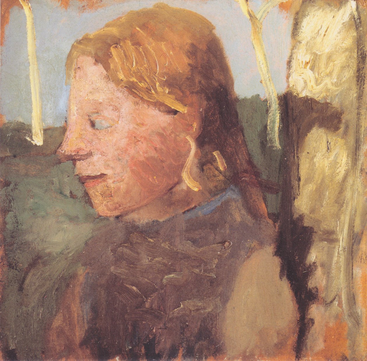 Bust of a Girl in Profile by a Birch Trunk by Paula Modersohn Becker