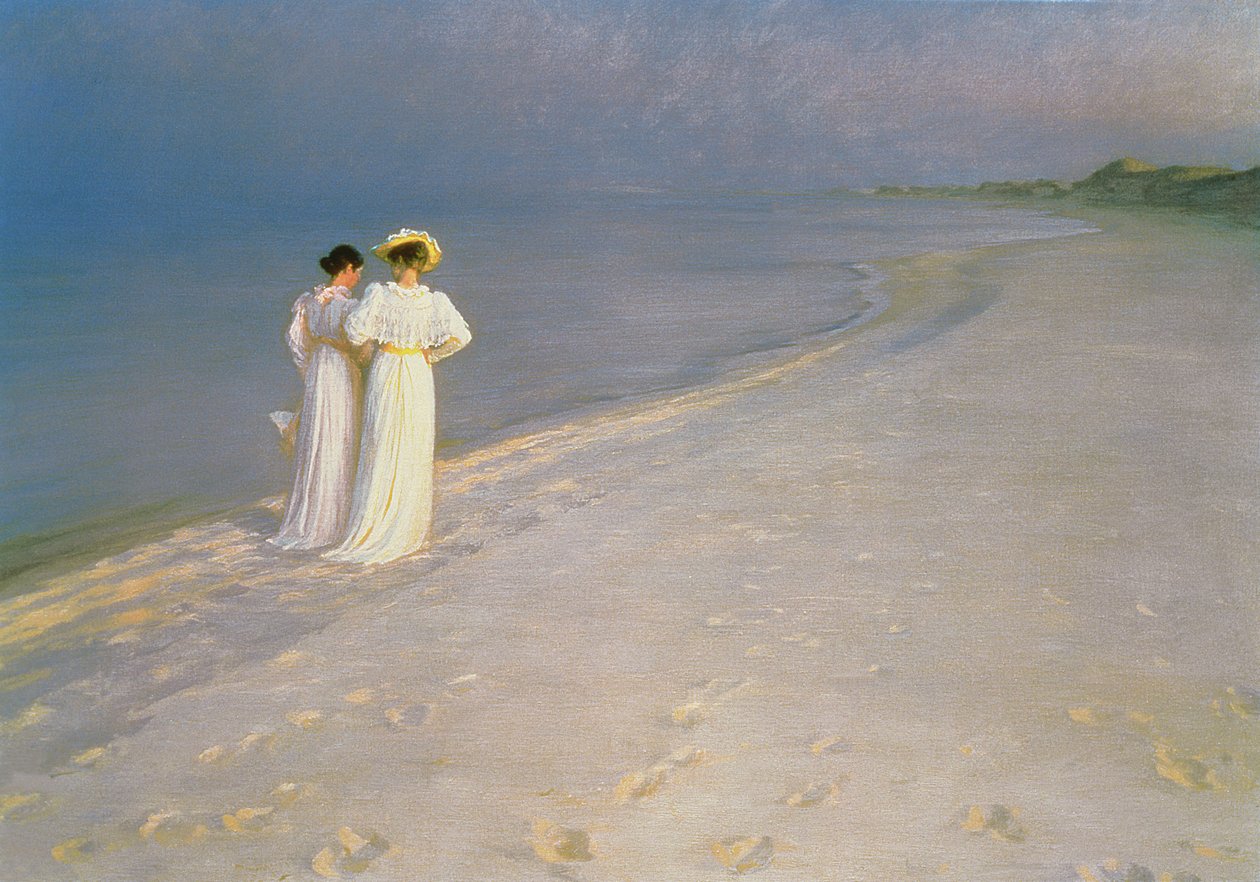 Summer Evening on the Skagen Southern Beach with Anna Ancher and Marie Kroyer by Peder Severin Krøyer