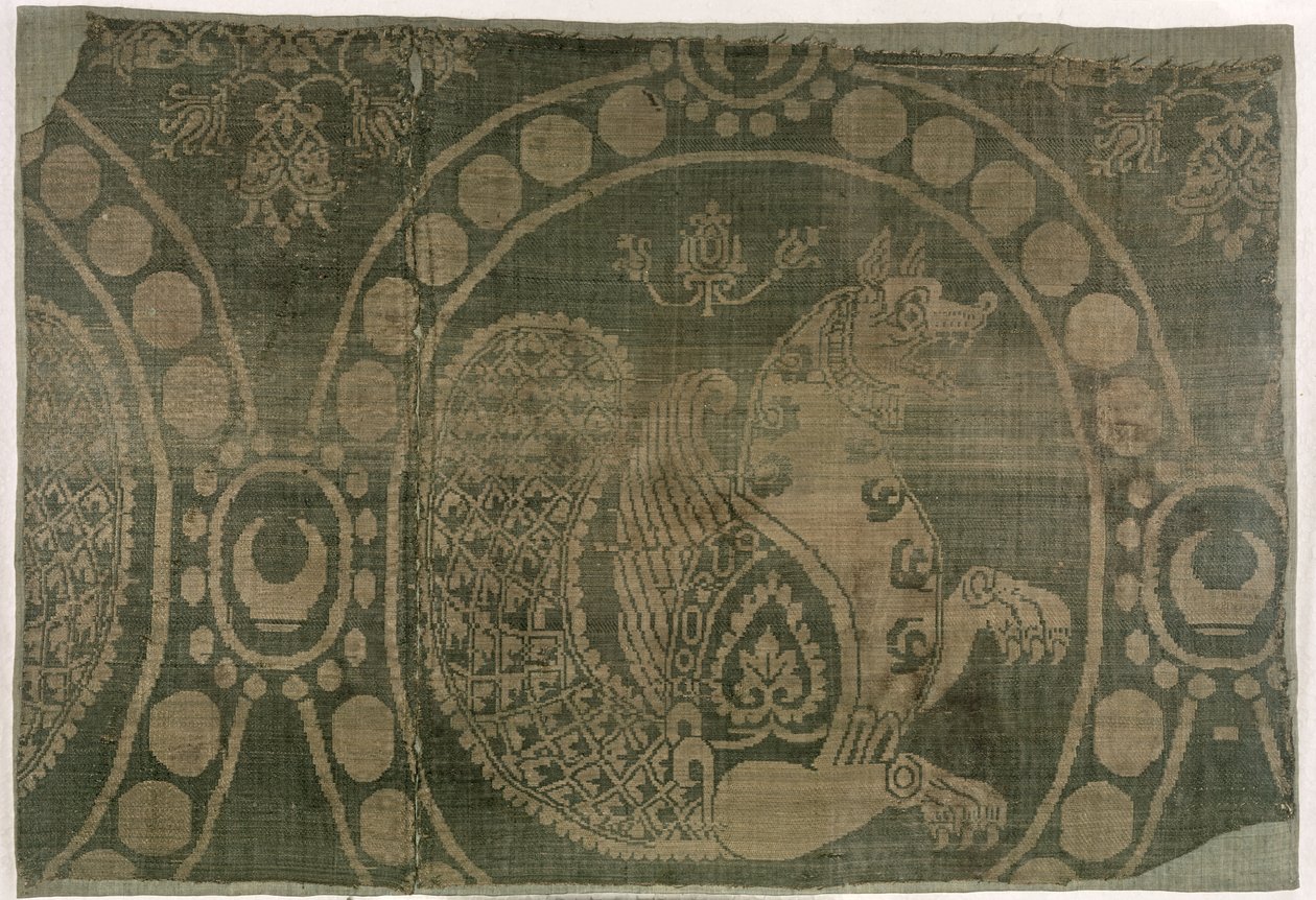 Silk fragment showing the Senmurv, Sassanian Dynasty (226-651) by Persian School