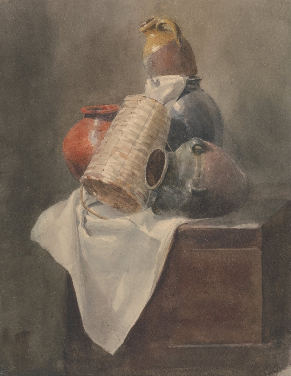 Still Life: Pots, Basket and Cloth on a Chest by Peter de Wint