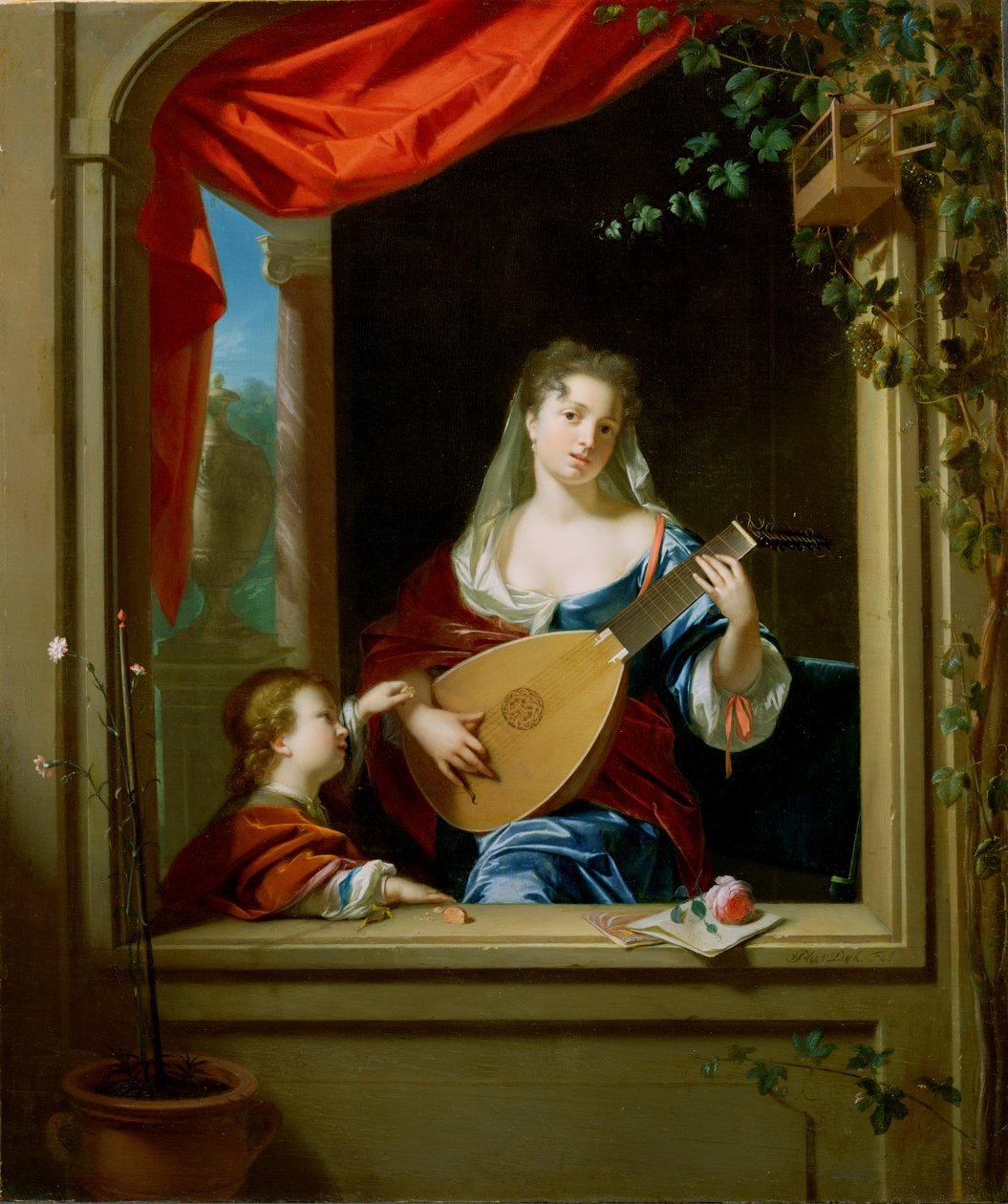 Elegant Lady Playing the Lute at a Window by Philip van Dyck