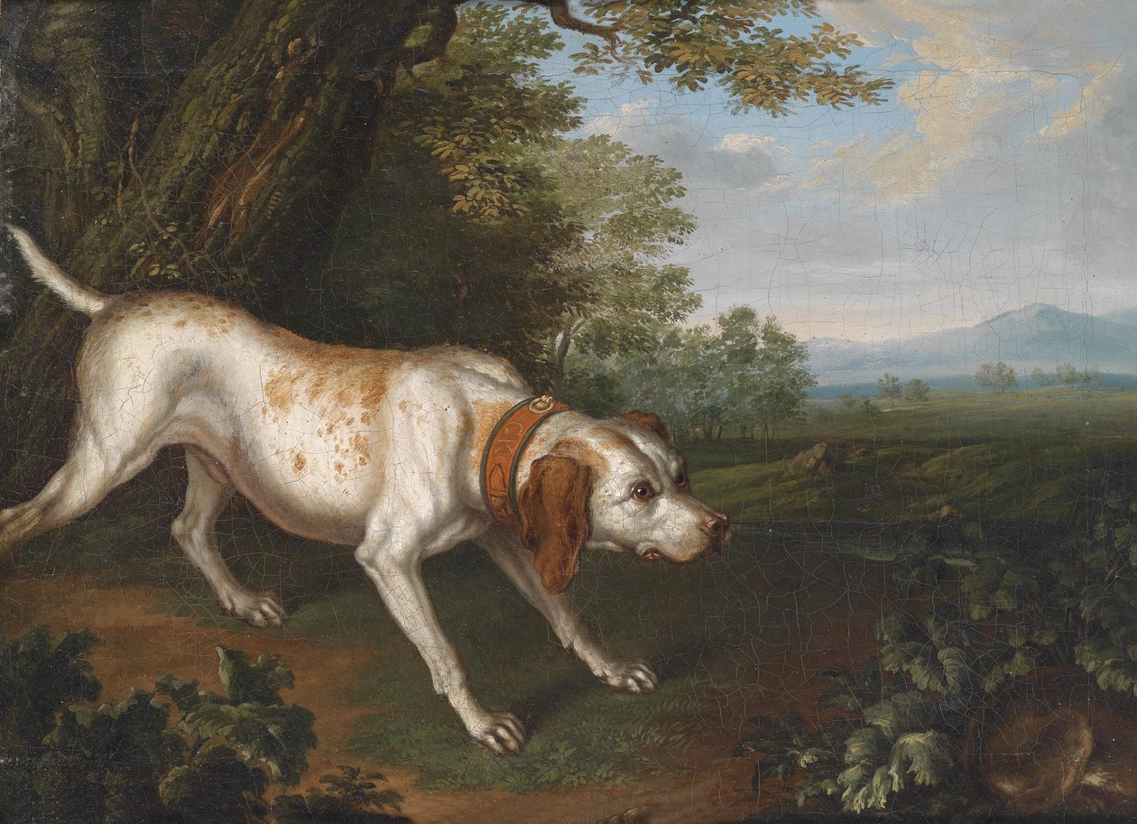 A Hunting Dog Scenting Prey in a Landscape by Philipp Ferdinand de Hamilton
