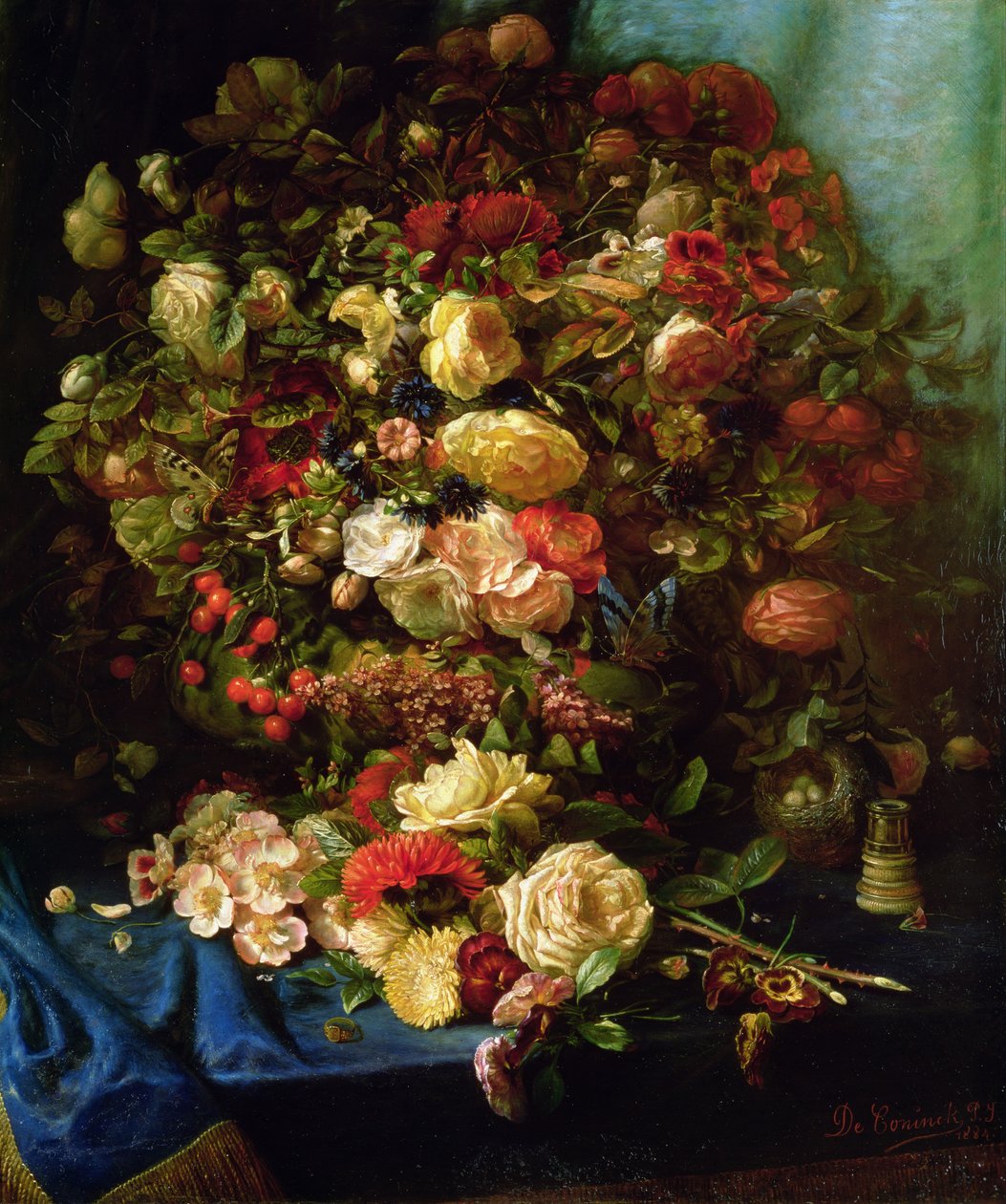Still Life of Flowers on a Ledge with Bird