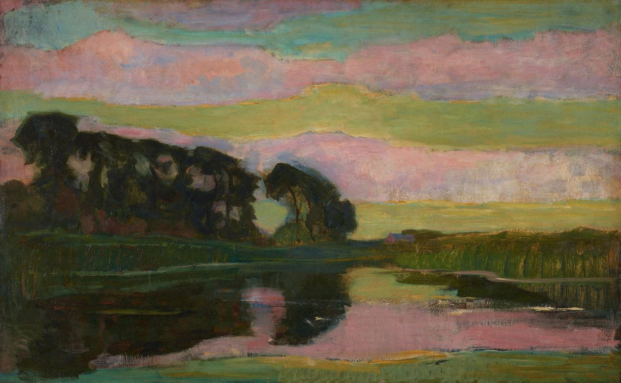 Riverscape with a Row of Trees at Left, Sky with Pink and Yellow-Green Bands: Farmstead on the Gein Screened by Tall Trees, c.late 1907-08 by Piet Mondrian