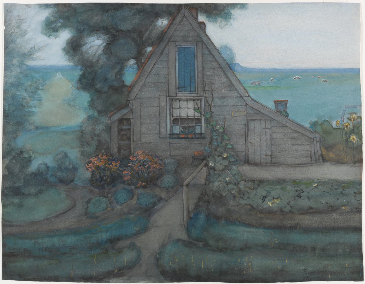 Triangulated Farmhouse Facade with Polder in Blue by Piet Mondrian