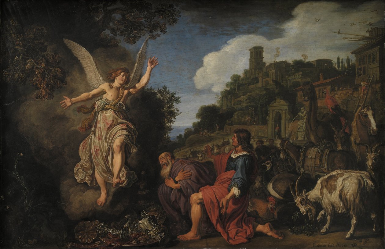 The Angel Raphael Takes Leave of Old Tobit and His Son Tobias by Pieter Lastman
