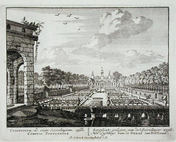 The house and garden at Sorgvliet, seat of Hans Willem Bentinck, 1st Earl of Portland, from Admirandorum Quadruplex Spectaculum, by Jan van Call, published before 1715 by Pieter Schenk