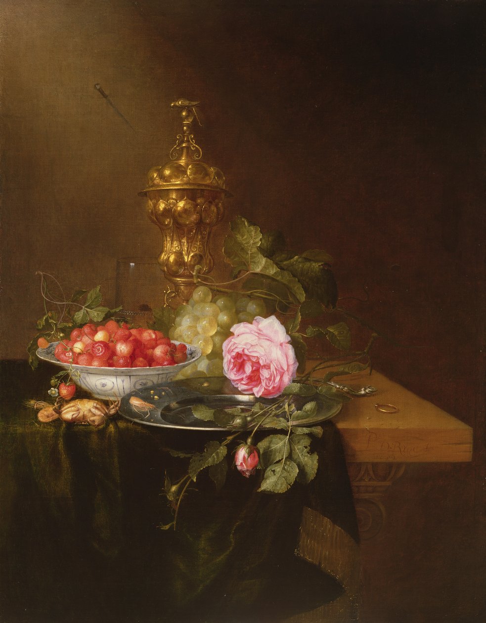 Still Life with a Bowl of Strawberries and a Rose by Pieter de Ring