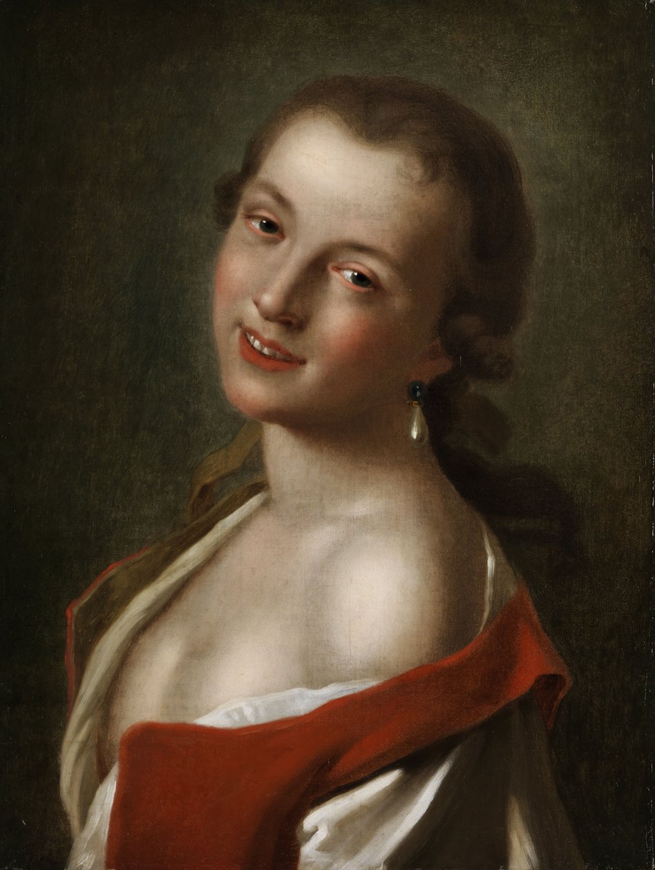 Half-Length Portrait of a Young Smiling Girl with Teardrop-Shaped Pearl Earring by Pietro Antonio Rotari