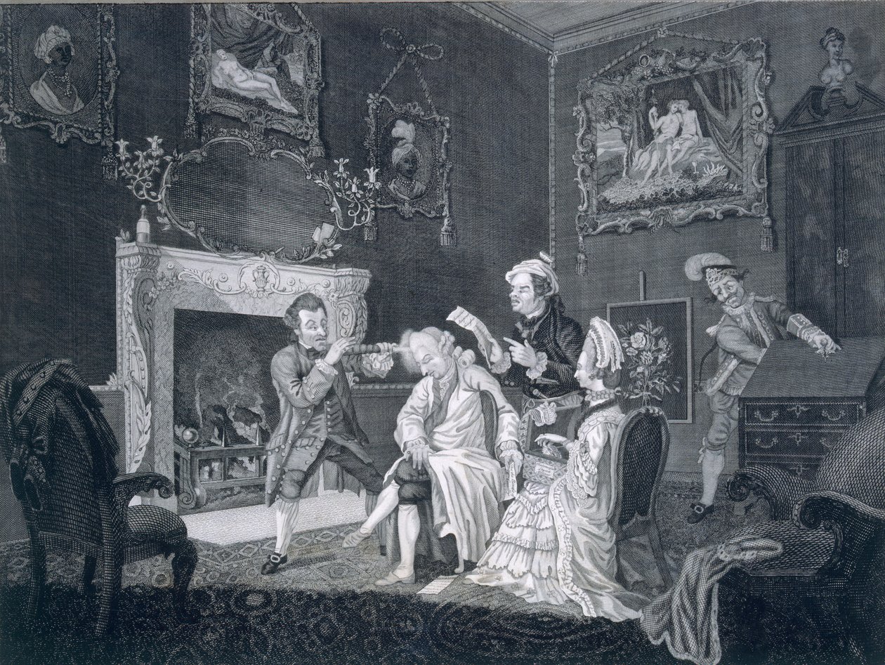 Servants distract a vain old man whilst another steals from the bureau, engraved by Goldar, 1771 by Pugh