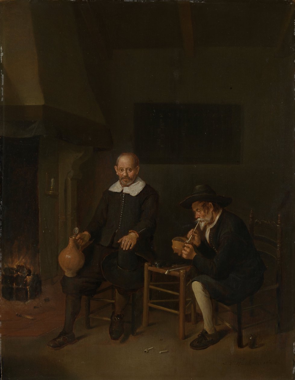 Interior with a Smoking and Drinking Man by a Fire by Quiringh Van Brekelenkam