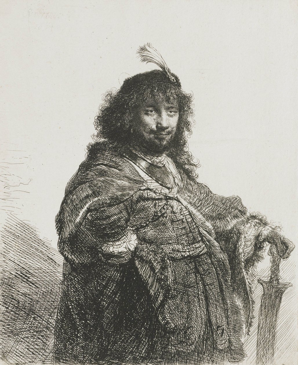 Self-Portrait(?) with Plumed Beret, Leaning Hand on a Sword, 1634 by Rembrandt van Rijn