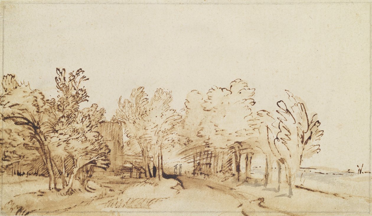 Avenue with a Footpath and a Farmhouse on the Left by Rembrandt van Rijn