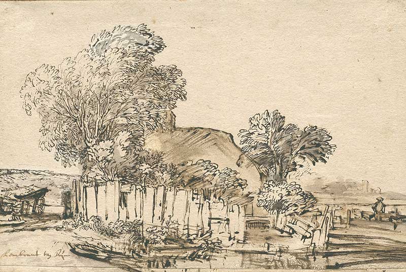 Cottage with Wooden Fence between Trees by Rembrandt van Rijn