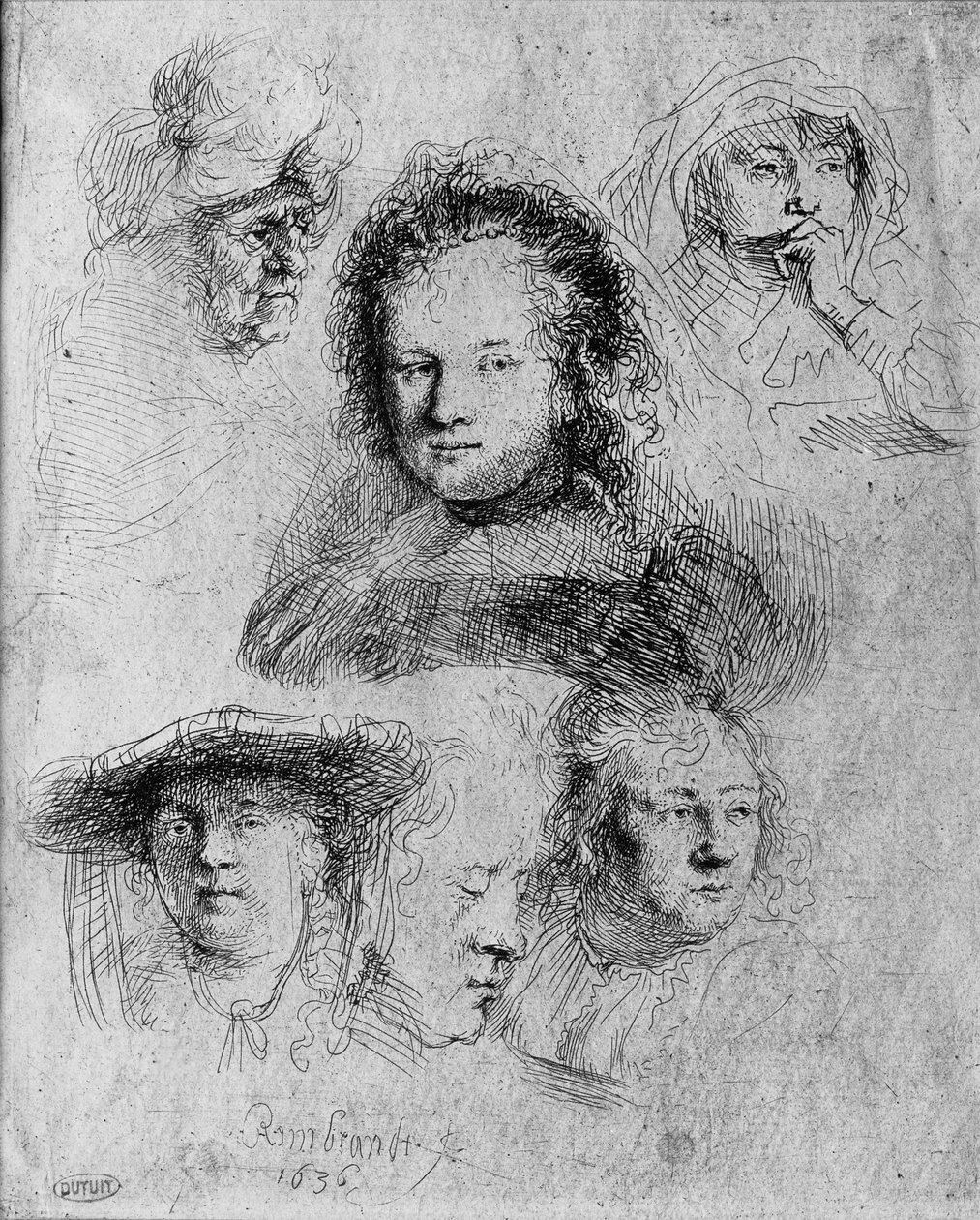 Six heads with Saskia van Uylenburgh in the centre by Rembrandt van Rijn