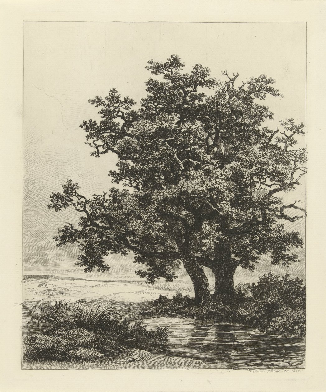 Two Oaks by a Pond by Remigius Adrianus Haanen