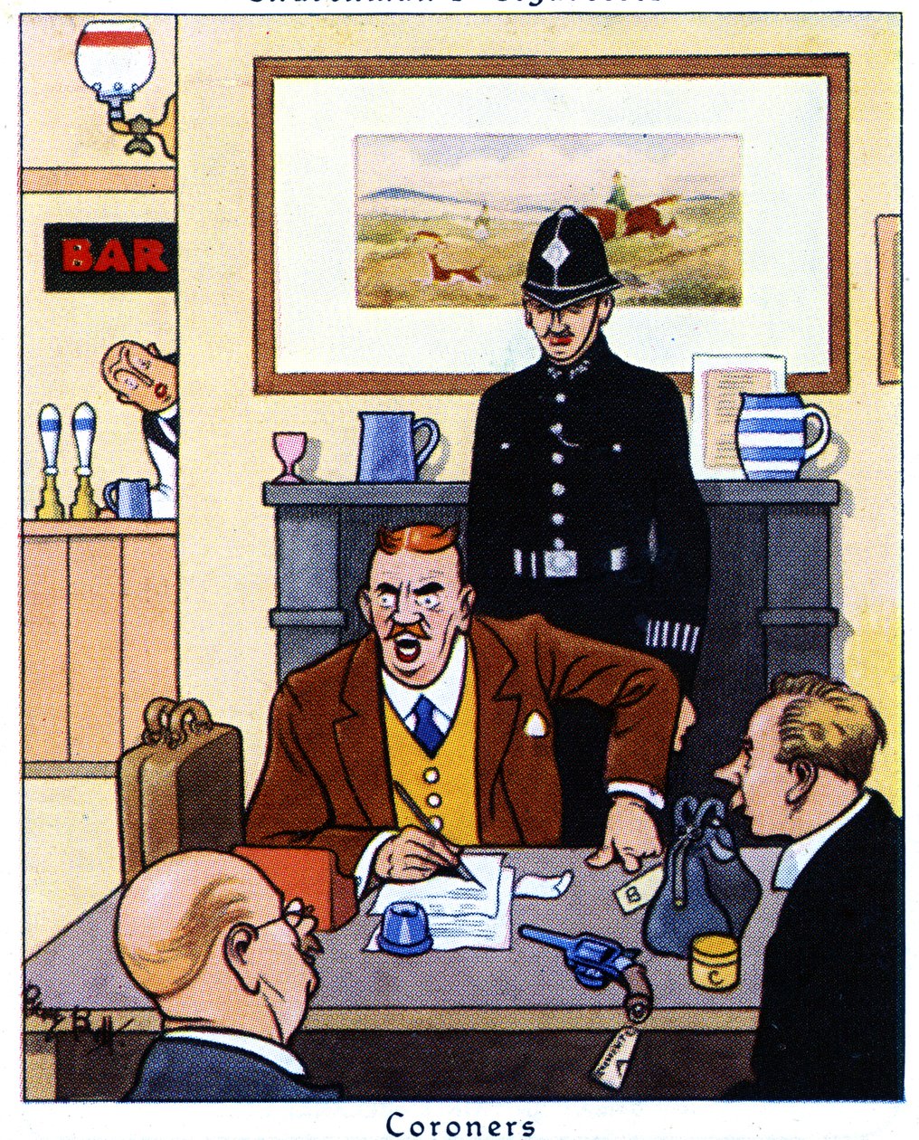 Coroner conducting an inquest into the causes and circumstances of a death, 1936 by René Bull