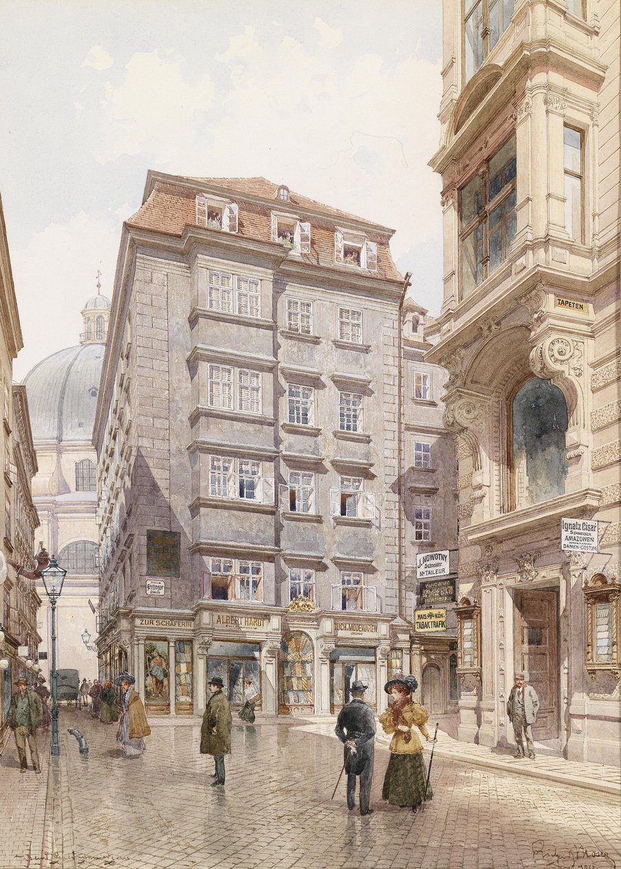 The Cloth Shop Albert Hardt in Freisingergasse, with St. Peter