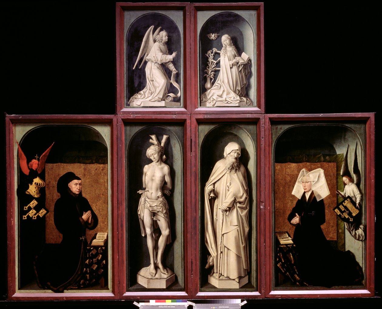 The Last Judgement when closed, depicting the donors Chancellor Nicholas Rolin and his Wife, Guigone de Salins, The Annunciation, St. Sebastian and St. Anthony the Great, c.1445-50 by Rogier van der Weyden