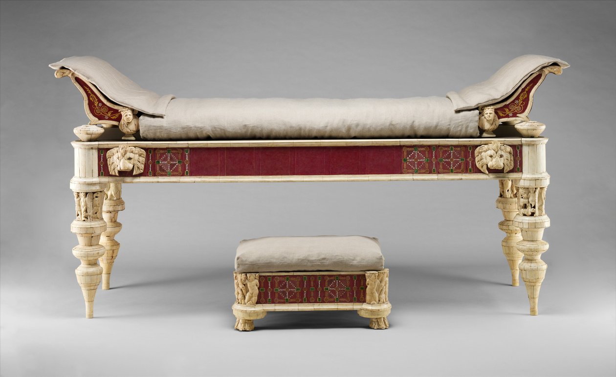 Couch and Footstool with Bone Carvings and Glass Inlays by Roman