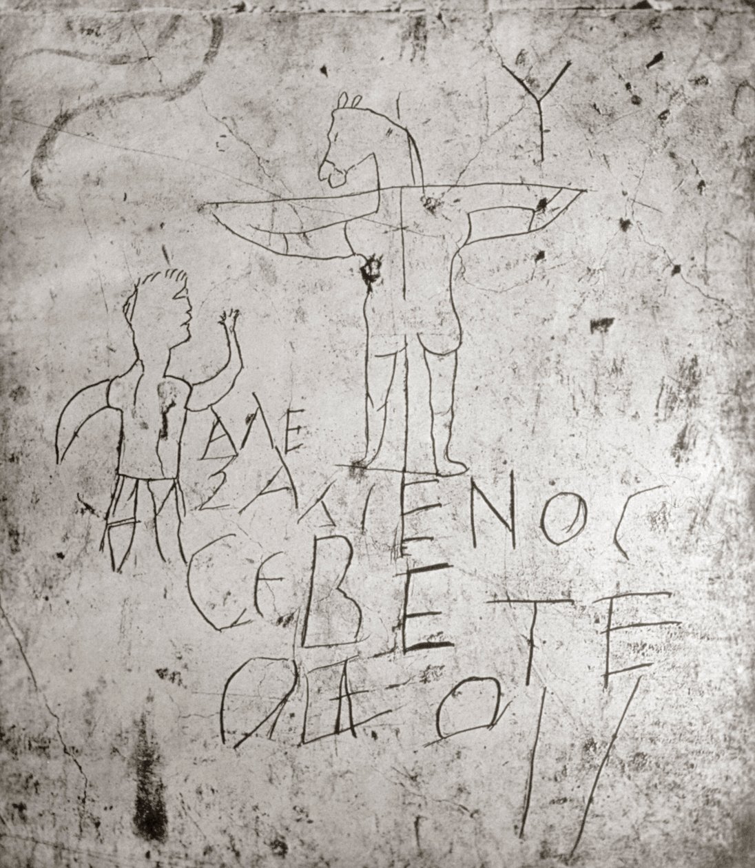 Blasphemous graffito of a Crucifixion by Roman