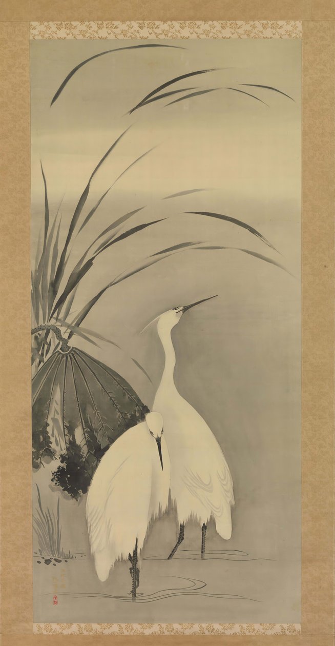 Two Egrets and Lotus by Sakai Hoitsu
