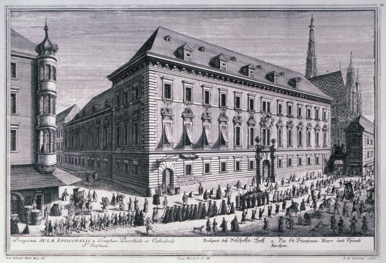 View of a funeral procession with the St. Stephens Cathedral in the background engraved by Johann-August Corvinus by Salomon after Kleiner