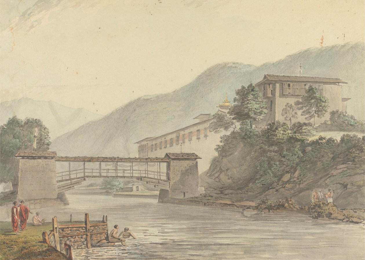 View of Tashichoedzong, Bhutan and Foot Bridge by Samuel Davis