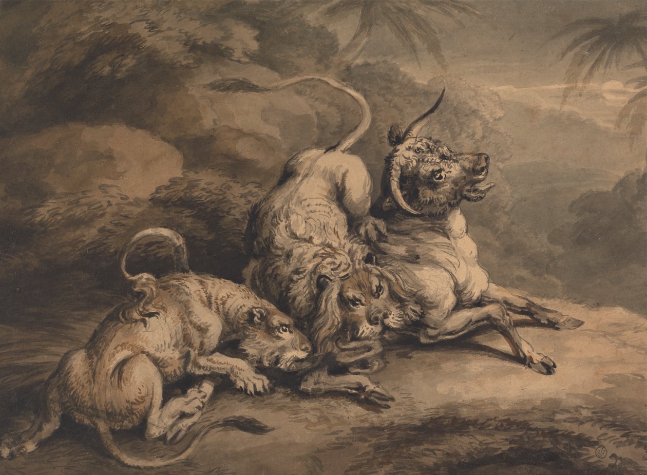 Lion and Lioness Attacking a Steer by Samuel Howitt