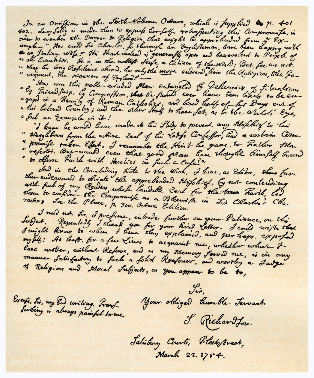 Letter from Samuel Richardson, 22nd March 1754 by Samuel Richardson