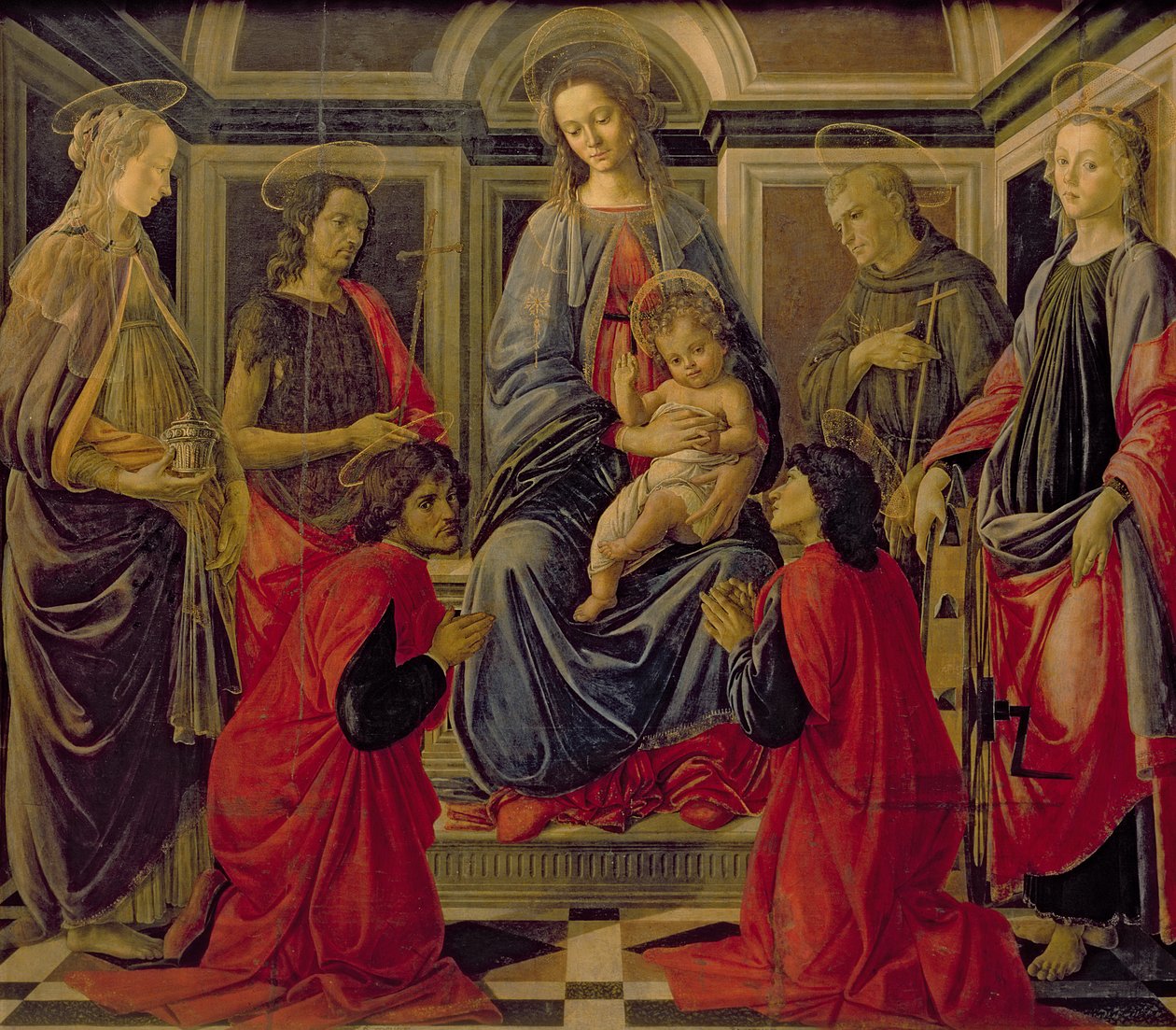 Virgin and Child with SS. Mary Magdalene, John The Baptist, Cosmo, Damian, Francis and Catherine, c.1470-72 by Sandro Botticelli