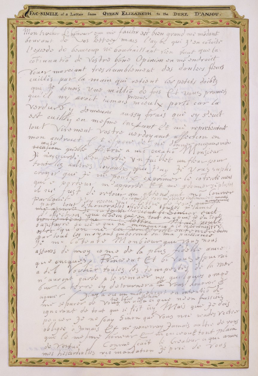 Facsimile of a letter from Elizabeth I to Francois de Valois, Duc d