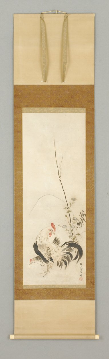 Kakemono, rooster and hen with flowers by Japanese School