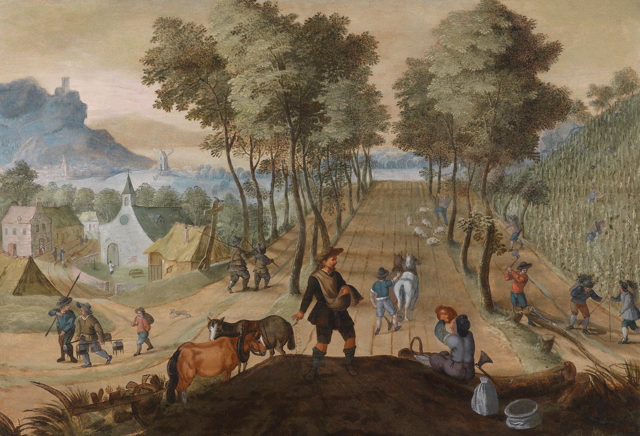 Tree-Lined Landscape Near a Village with Peasants Working in the Fields by Sebastian Vrancx