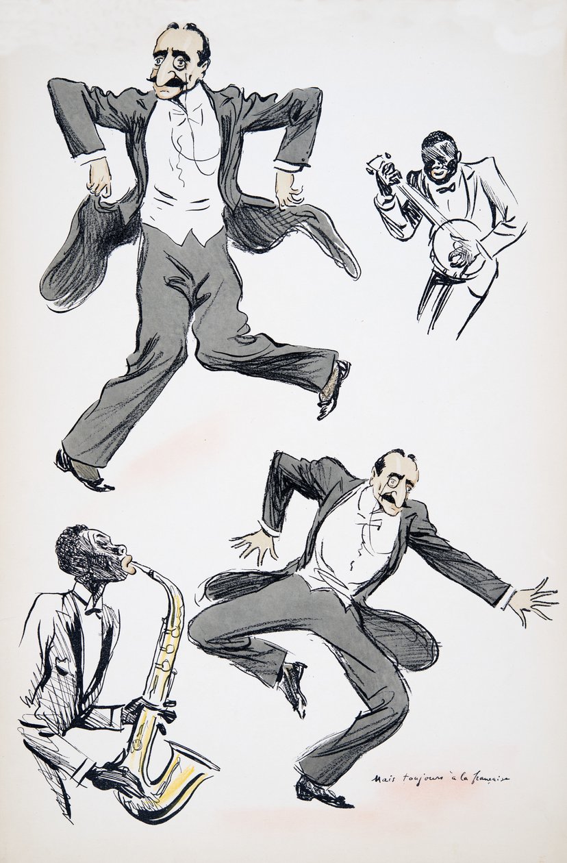 Gentleman in white tie and tails dancing while two musicians play saxophone and banjo, from White Bottoms, pub. 1927 by Sem