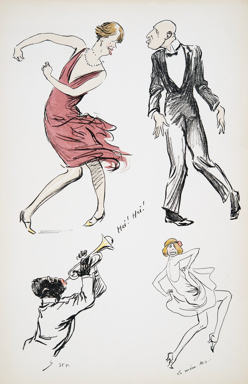 Two transvestites and man in black tie dancing to a saxophone, from White Bottoms, pub. 1927 by Sem