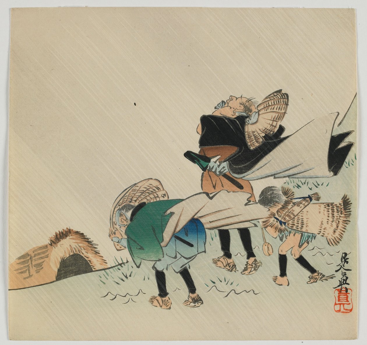 Three Travelers Caught in the Wind by Shibata Zeshin