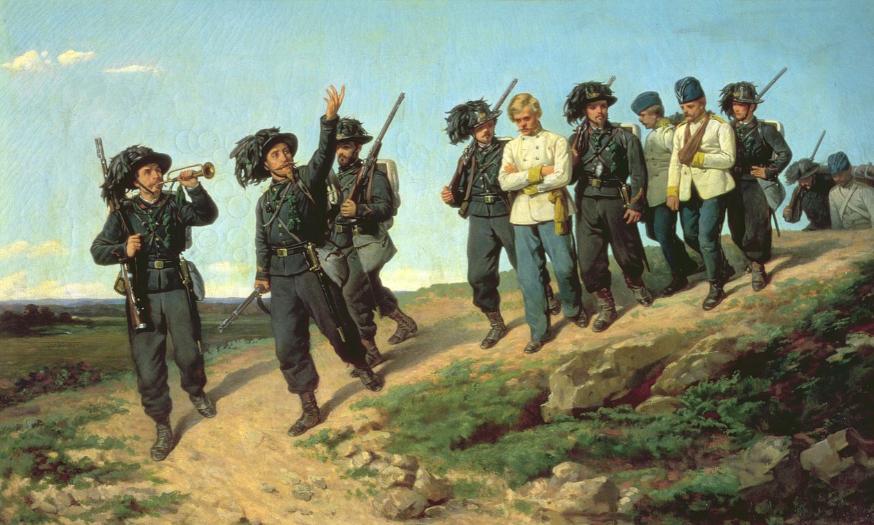 An Italian rifle regiment returning from a reconnaissance patrol, 1861 by Silvestro Lega