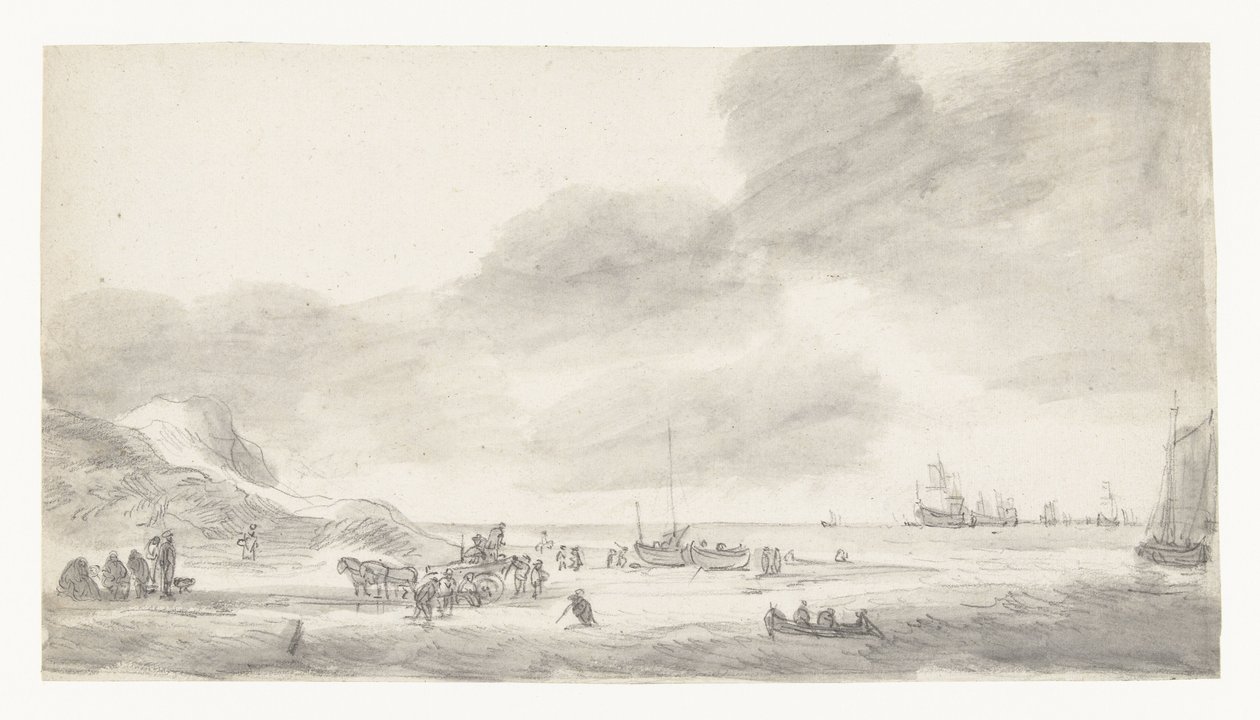 Beach Scene with Shellfishers and Walkers by Simon de Vlieger (possibly)