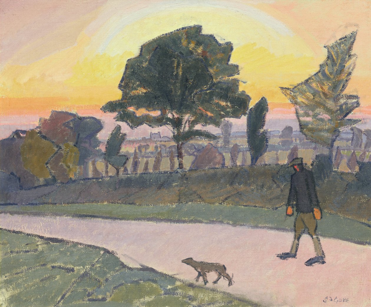 Sunset, Letchworth, with Man and Dog, 1912 by Spencer Frederick Gore
