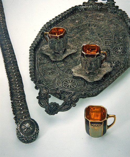 Filigree belt and tray with cups by Syrian Syrian
