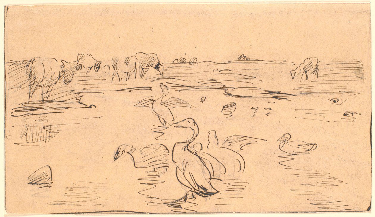 Waterhole with Geese and Cows by Theodor Philipsen