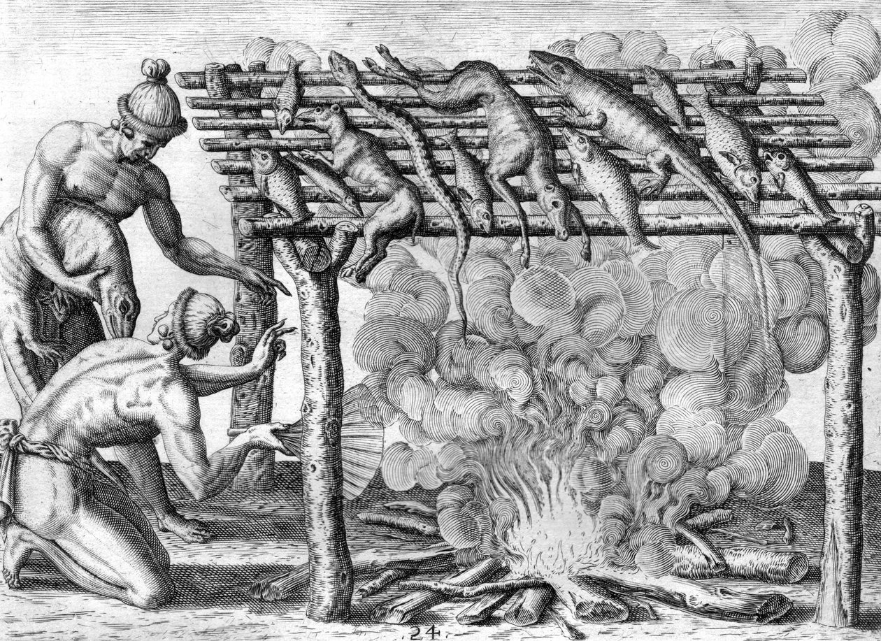 Timucuan Indians Drying Food by Theodor de Bry