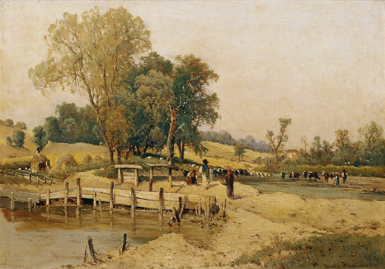 Hungarian Landscape with Cattle Watering by Theodor von Hormann