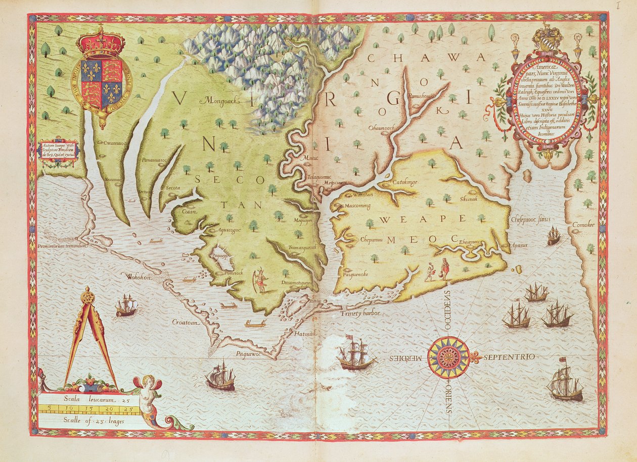 Admiranta Narratio... Map of Virginia, 1585-1588 by Theodore de Bry