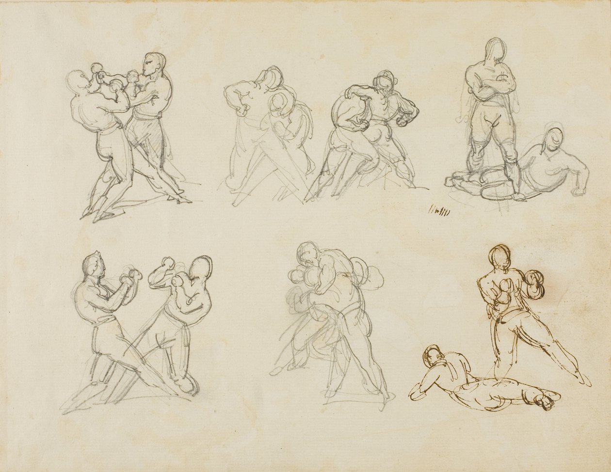 Seven Sketches of Pairs of Boxers by Theodore Gericault