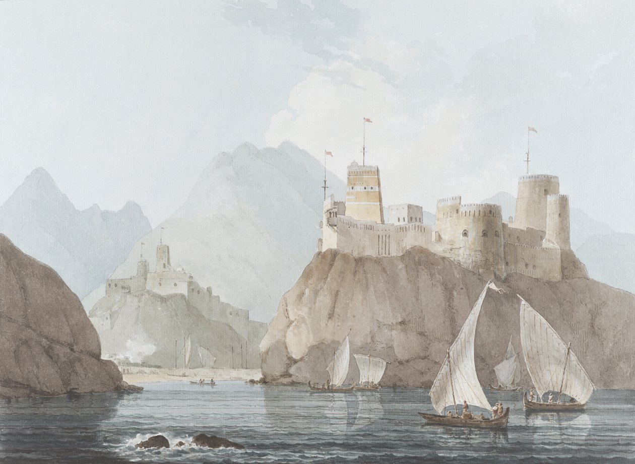 East View of the Forts Jellali and Merani, Muskah, Arabia by Thomas und William Daniell