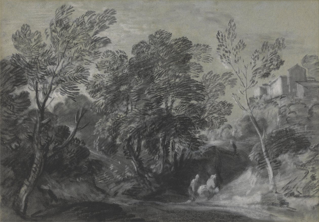 Wooded Landscape with Figures and Houses on the Hill by Thomas Gainsborough