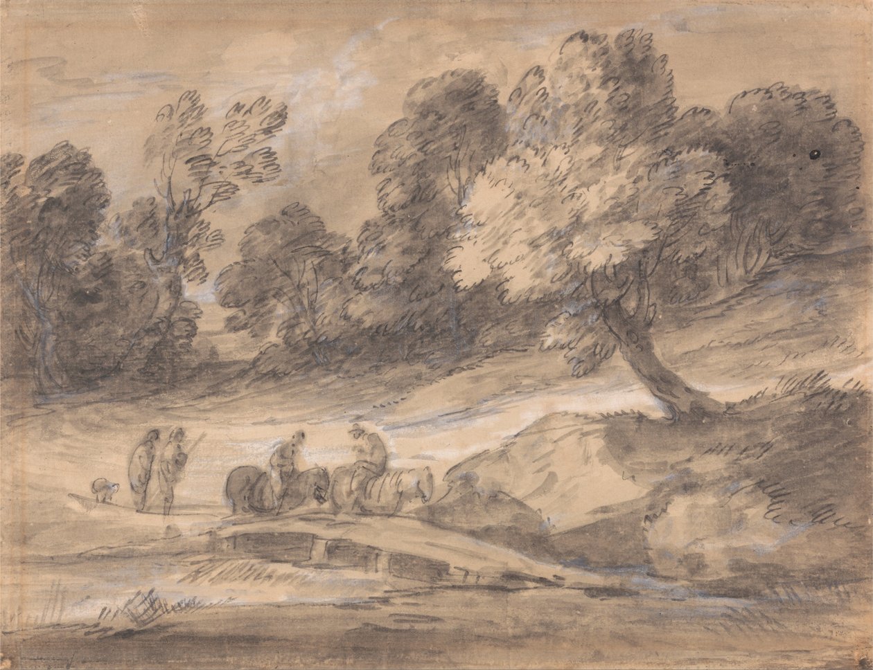 Wooded Landscape with Figures on Horseback Crossing a Bridge by Thomas Gainsborough