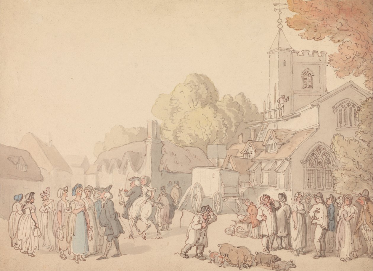 A Village Scene Outside a Church by Thomas Rowlandson